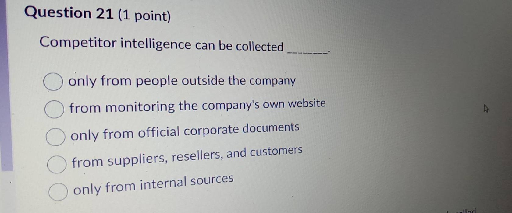 Question 21 (1 point) Competitor intelligence can