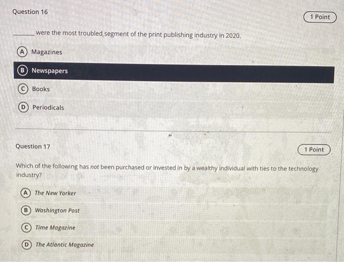 only need the correct option Question 7 1 Point