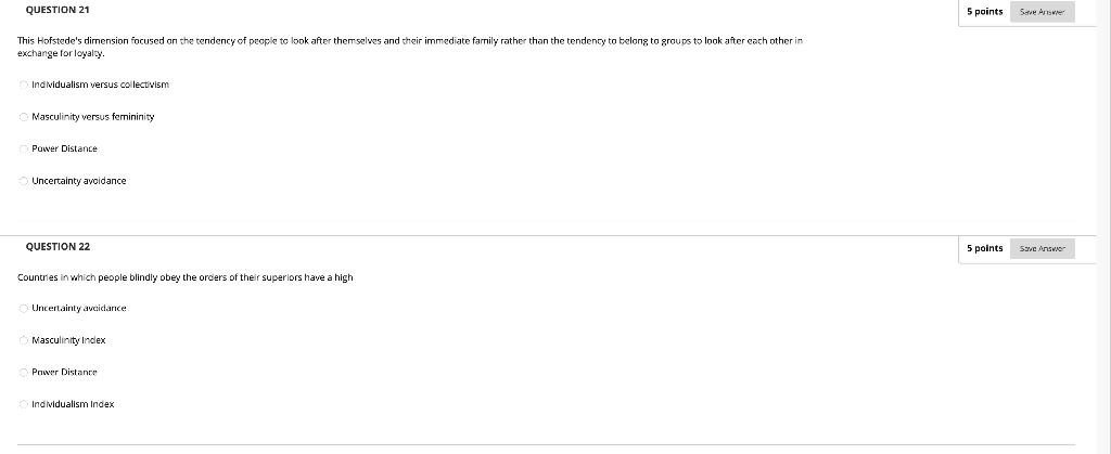 QUESTION 21 5 points Save Arrow This Hofstede's