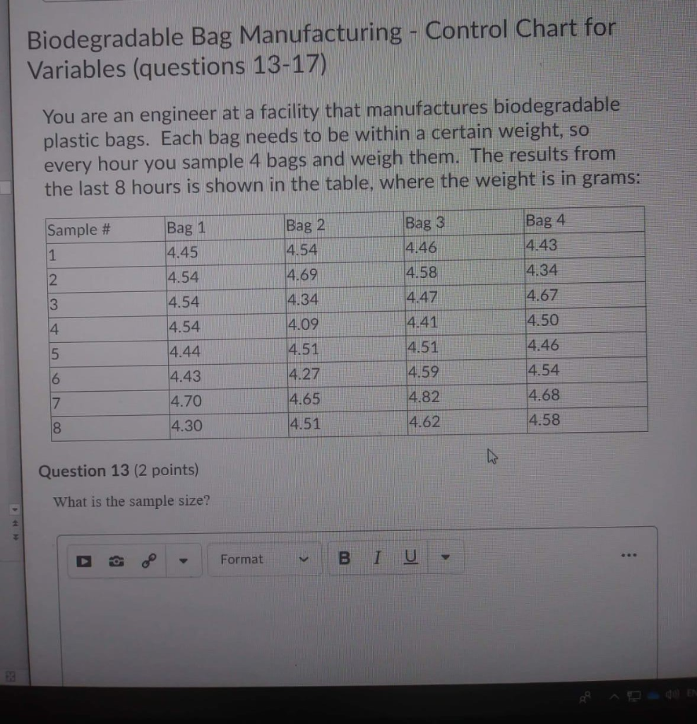 Biodegradable Bag Manufacturing - Control Chart