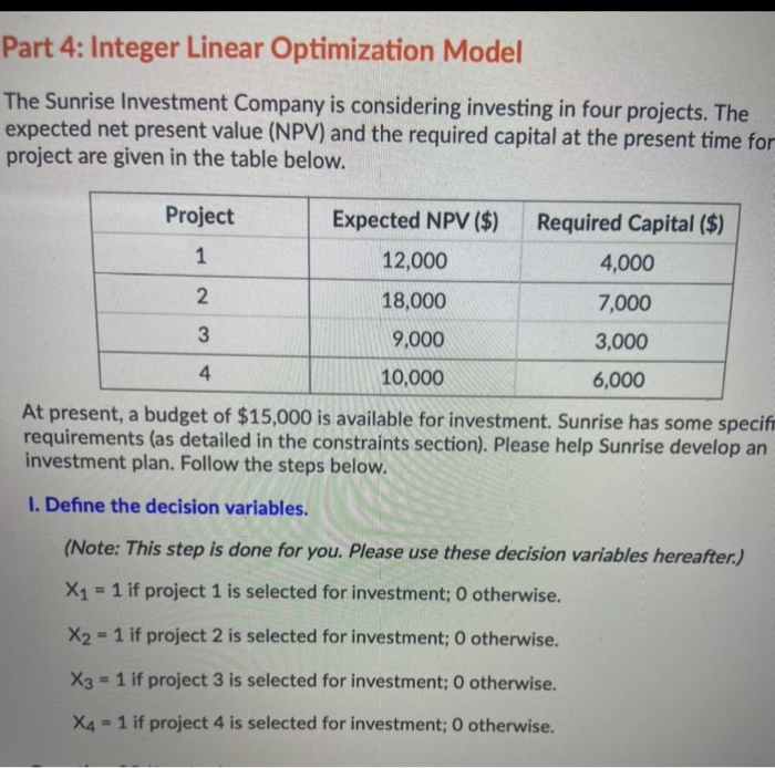 Part 4: Integer Linear Optimization Model The