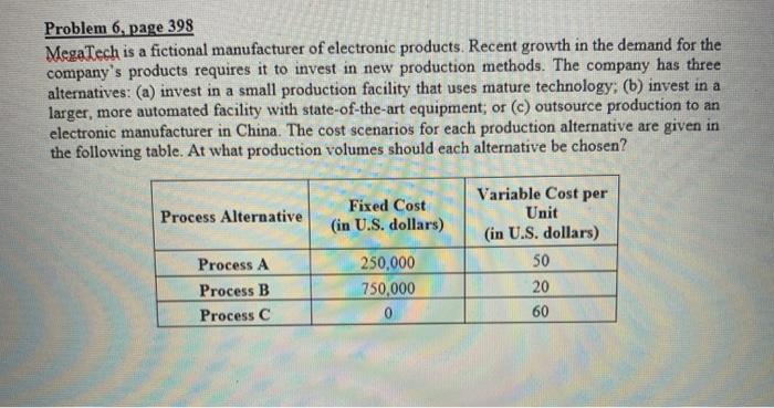 Problem 6, page 398 MegaTech is a fictional