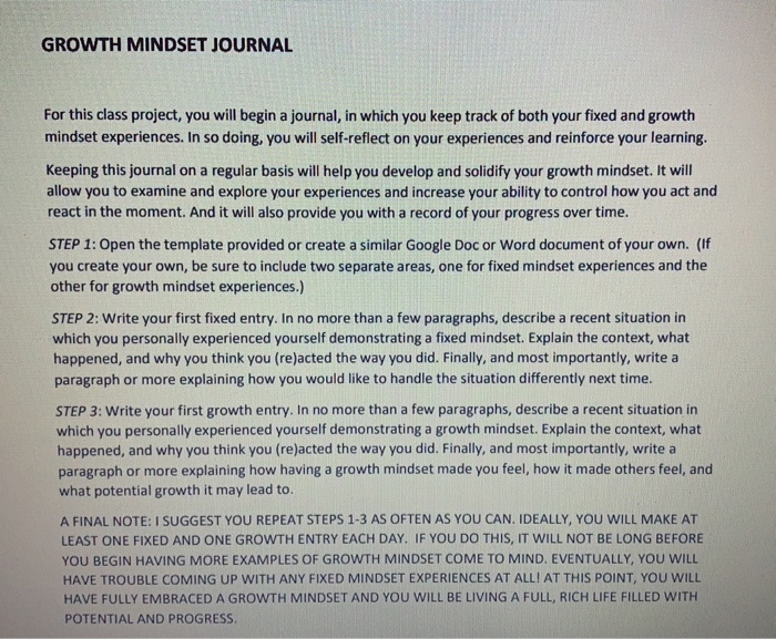 GROWTH MINDSET JOURNAL For this class project,