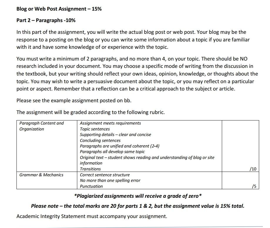 Blog or Web Post Assignment -15% Part 2 -