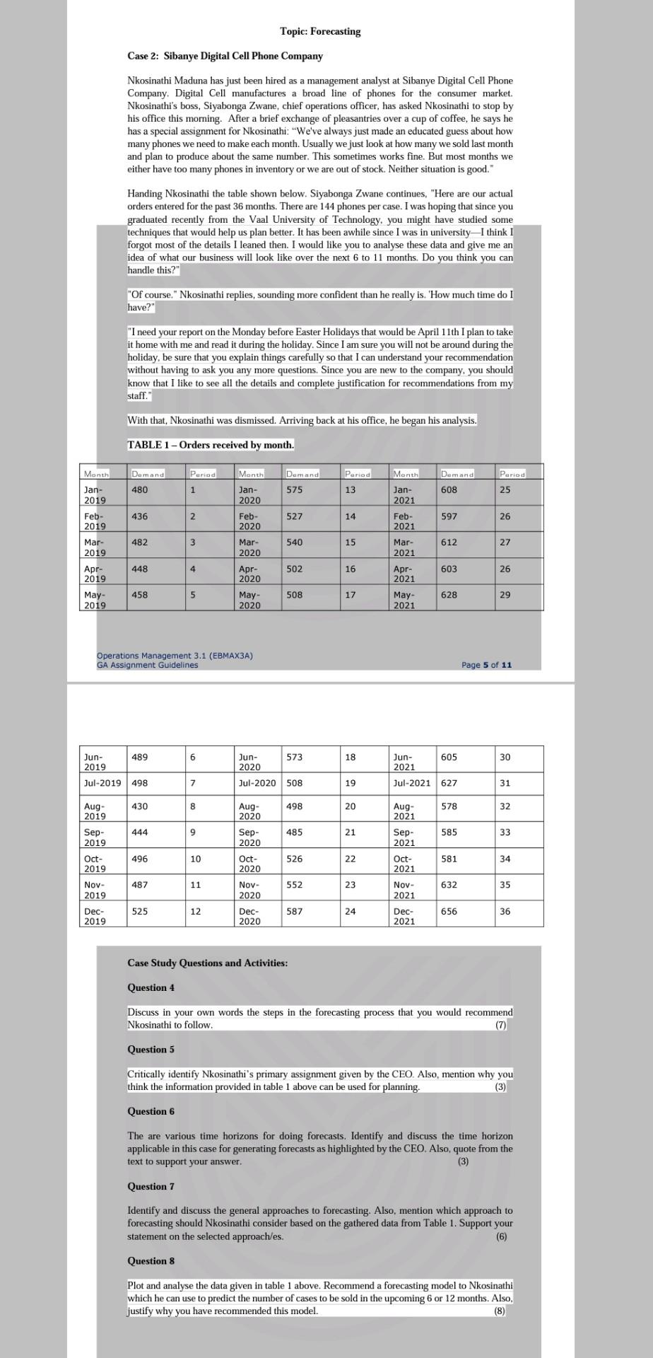 Topic: Forecasting Case 2: Sibanye Digital Cell