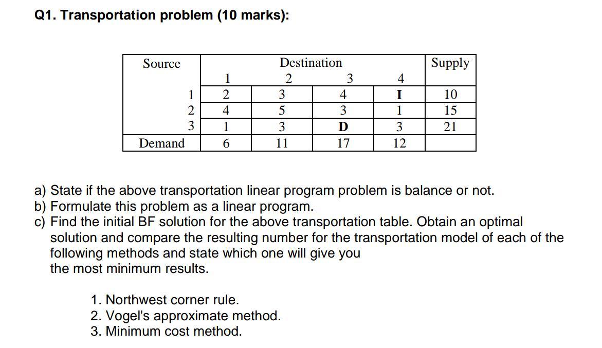 I=2 and D=5 Q1. Transportation problem (10