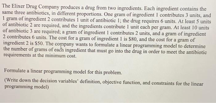 The Elixer Drug Company produces a drug from two