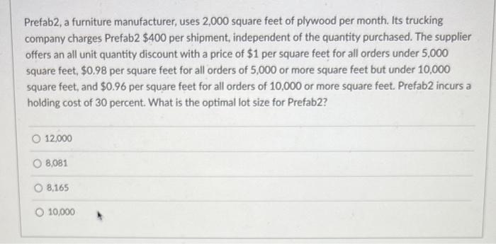 quickly Prefab2, a furniture manufacturer, uses
