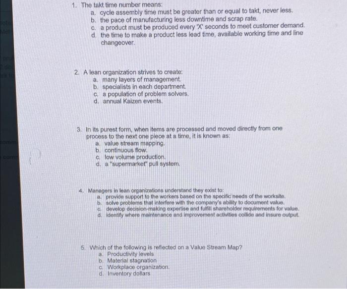 1. The takt time number means: a. cycle assembly