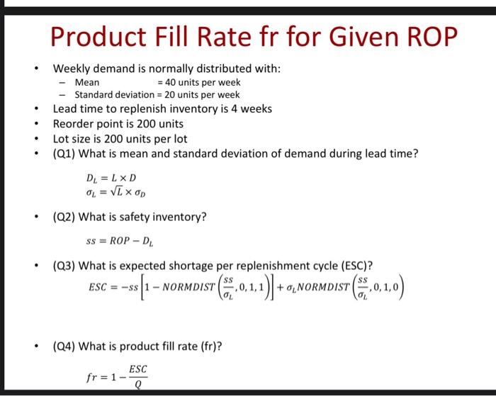 Product Fill Rate fr for Given ROP Weekly demand