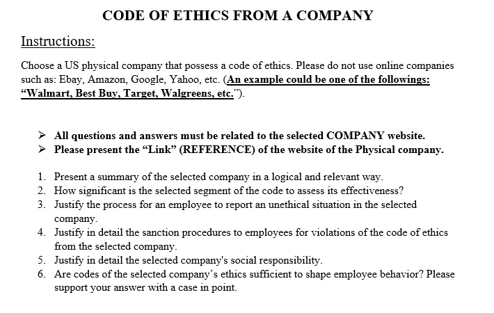 CODE OF ETHICS FROM A COMPANY Instructions are