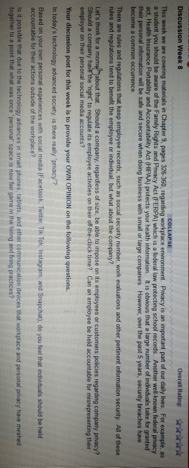 Discussion Week 8 Overall Rating: COLLAPSE This