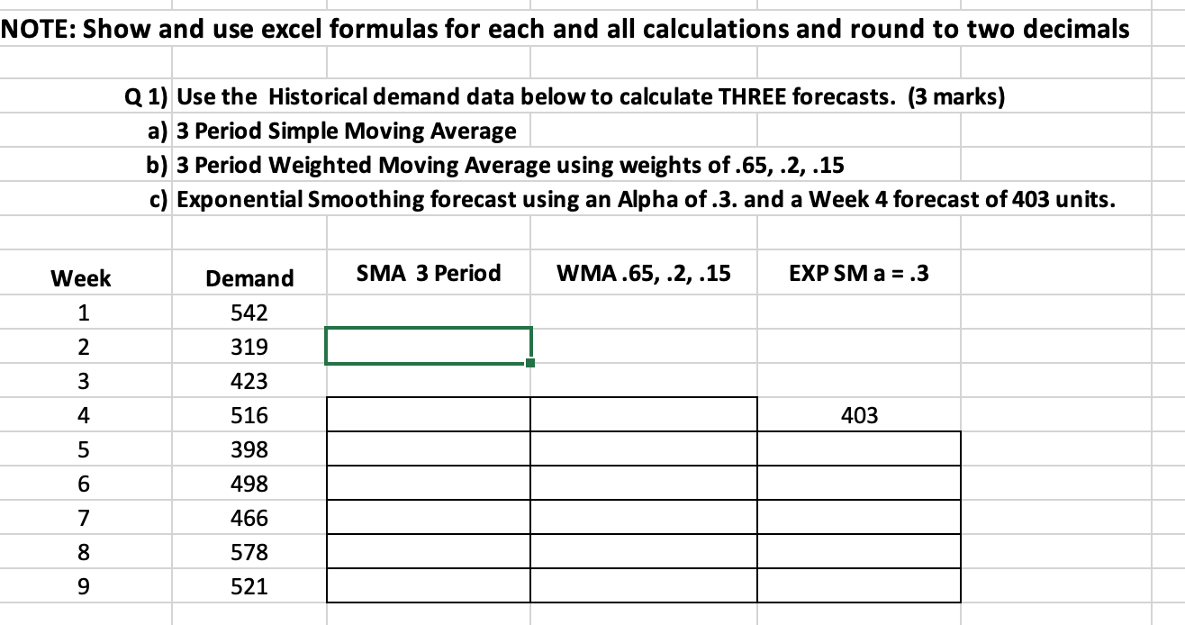 NOTE: Show and use excel formulas for each and