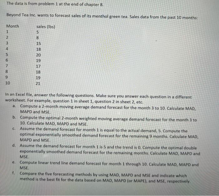 pls show on excel The data is from problem 1 at