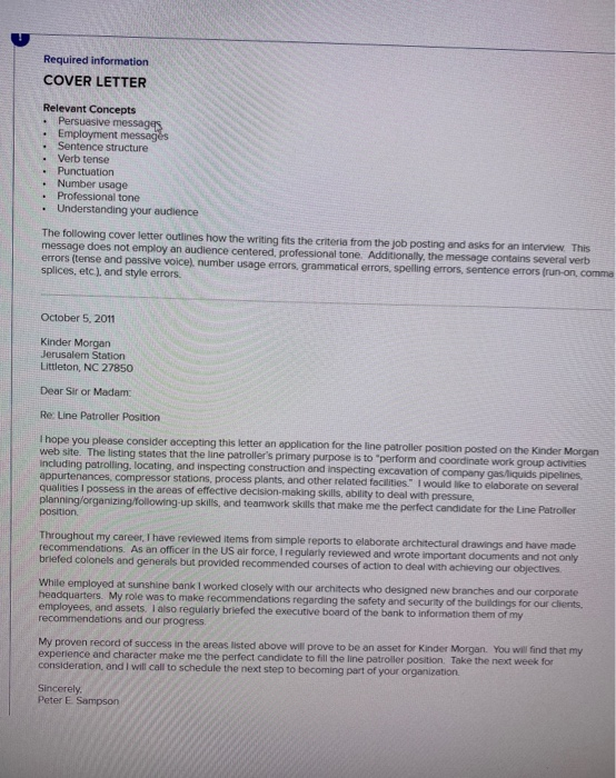 Required information COVER LETTER Relevant