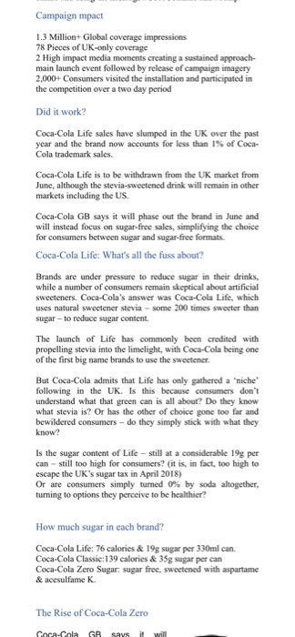 Exam 1 Case Study: Coca-Cola Life Recently,