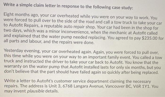 Write a simple claim letter in response to the