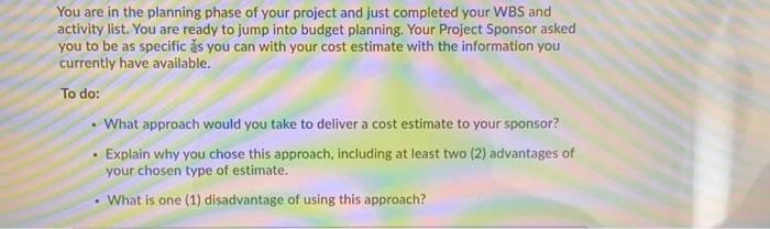 You are in the planning phase of your project and