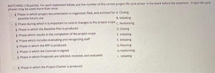 MATCHING: (18 points) For each statement below,