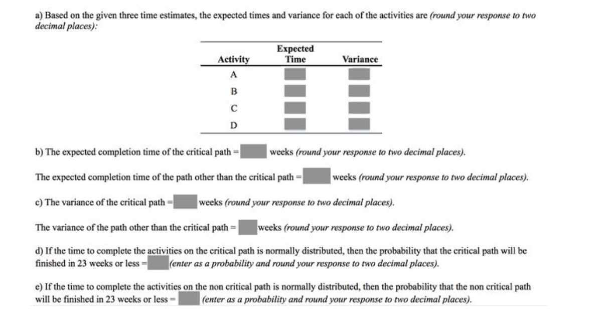 a) Based on the given three time estimates, the