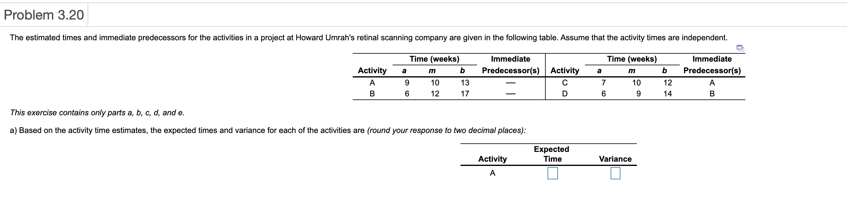 a) Based on the given three time estimates, the