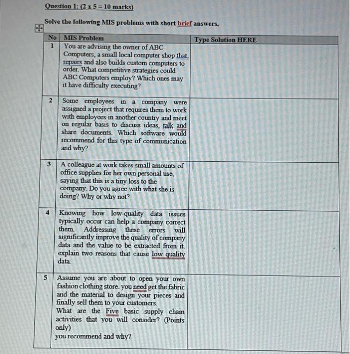 Need ans Question 1: (25=10 marks ) Solve the