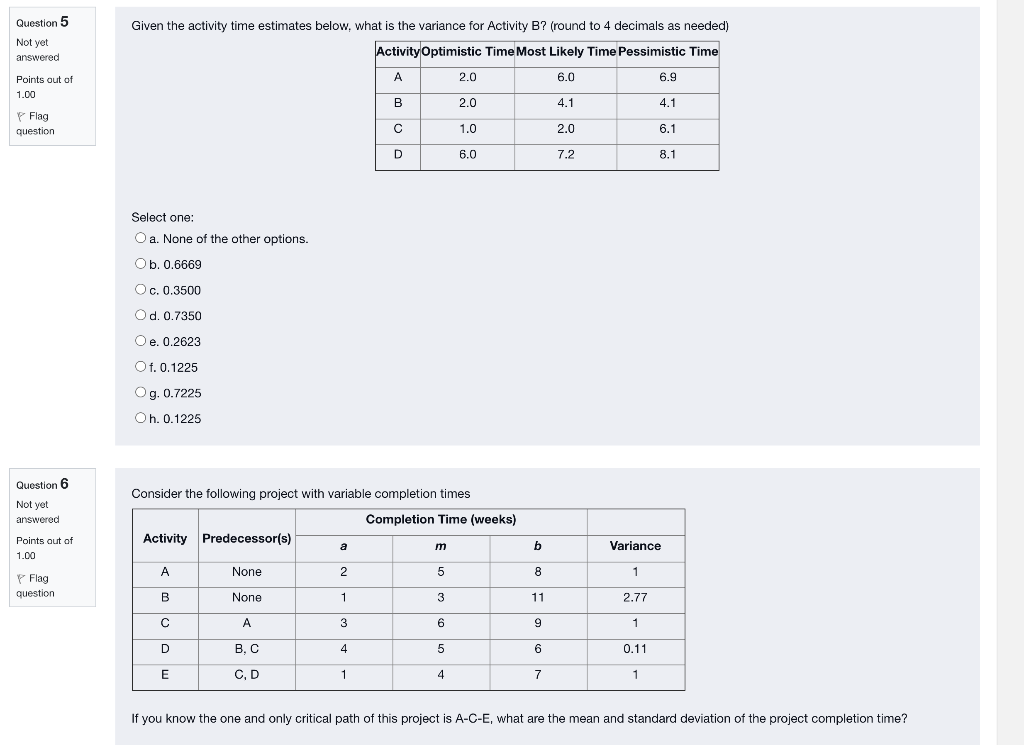 Question 5 Not yet Given the activity time