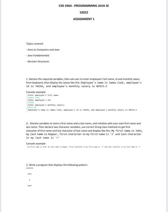 CSD 3464 - PROGRAMMING JAVA SE 52022 ASSIGNMENT 1