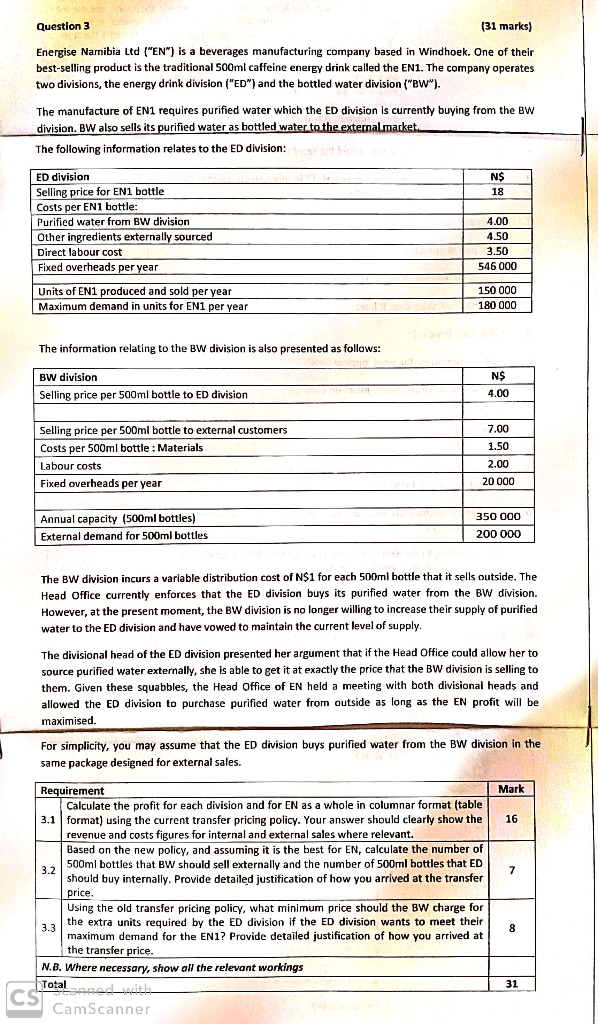 Question 3 (31 marks) Energise Namibia Ltd ("EN")