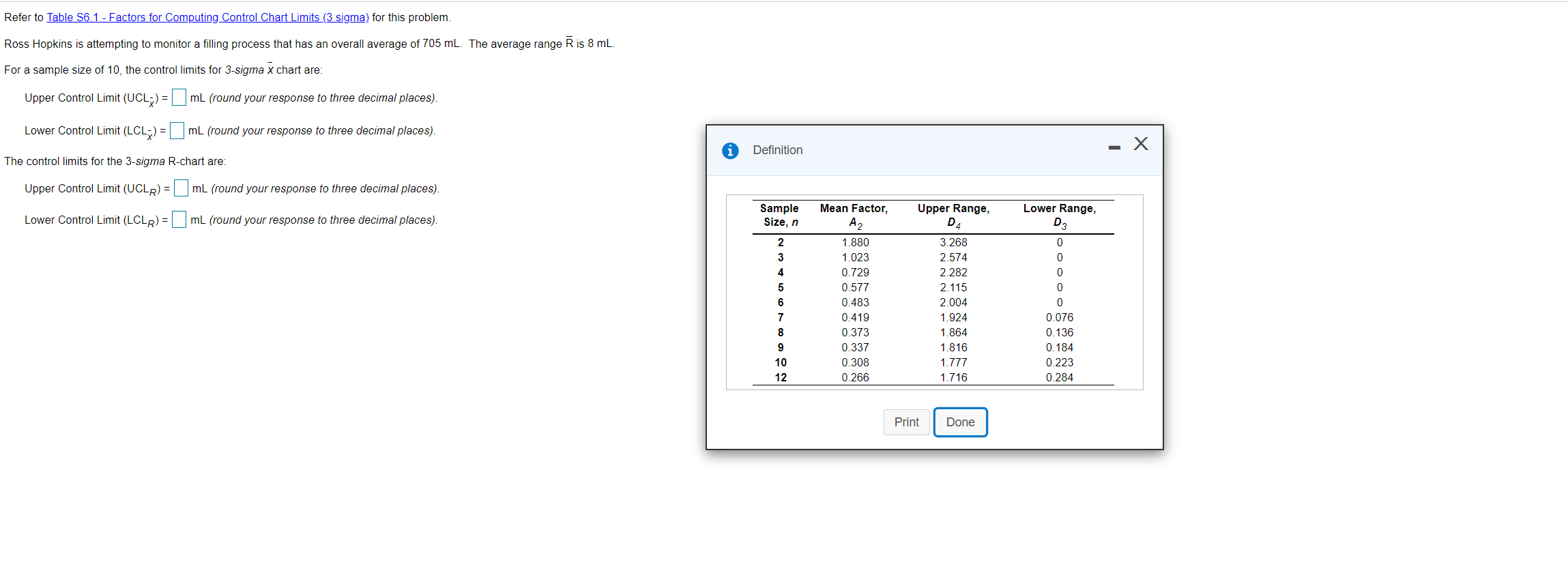 Refer to Table S6.1 - Factors for Computing