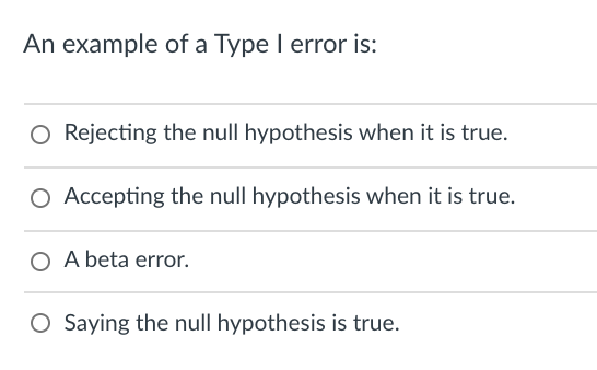 An example of a Type I error is: O Rejecting the