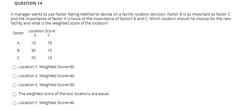 QUESTION 14 A manager wants to use Factor Rating