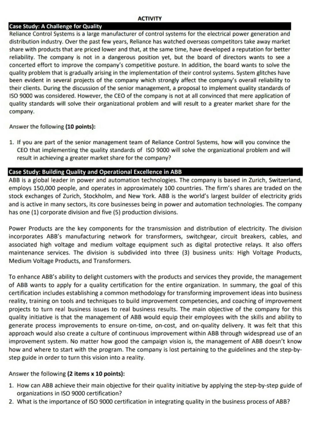 ACTIVITY Case Study: A Challenge for Quality