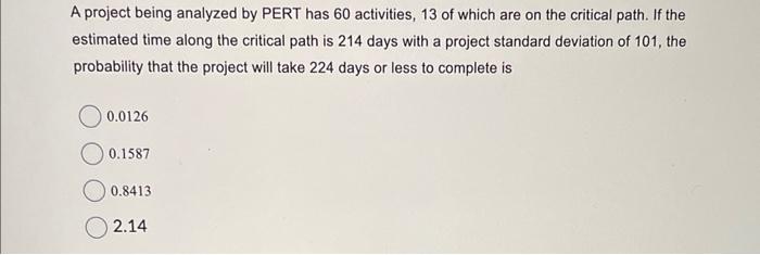 A project being analyzed by PERT has 60