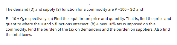 The demand (D) and supply (s) function for a