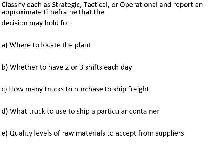 Classify each as Strategic, Tactical, or