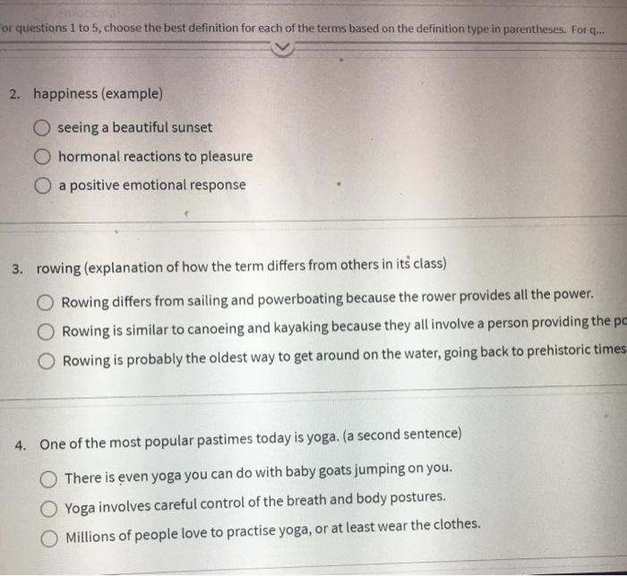 questions 1 to 5, choose the best definition for