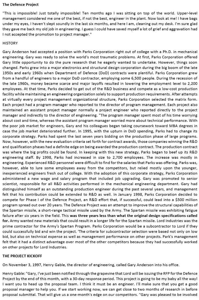 Based on the Defence Project case study (The