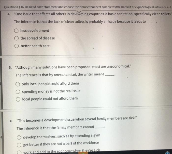 Questions 1 to 10: Read each statement and choose
