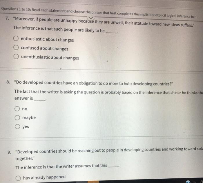 Questions 1 to 10: Read each statement and choose