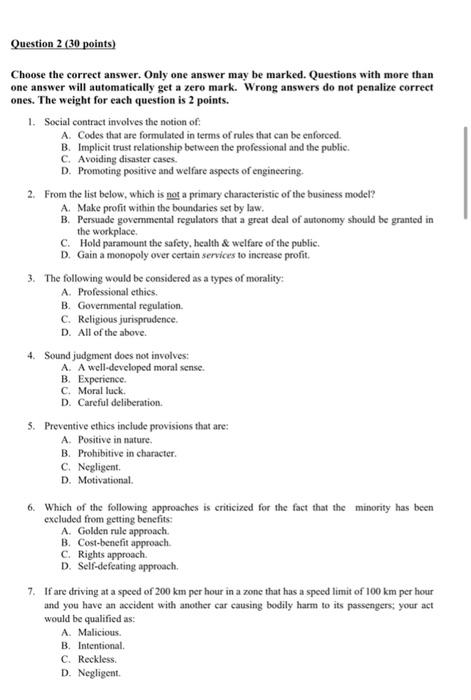 Question 2 (30 points) Choose the correct answer.