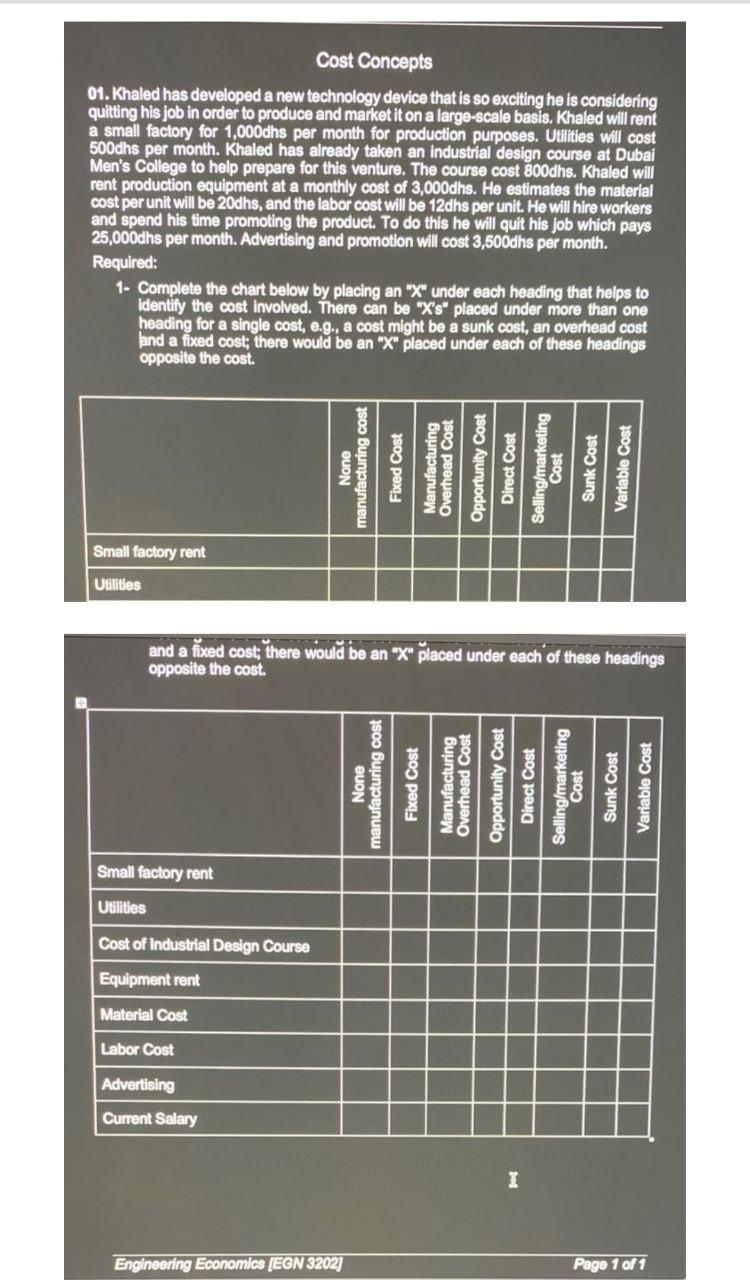 Cost Concepts 01. Khaled has developed a new