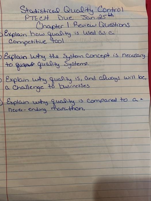 Statistical Quality Control PTECH Due Jan 25th