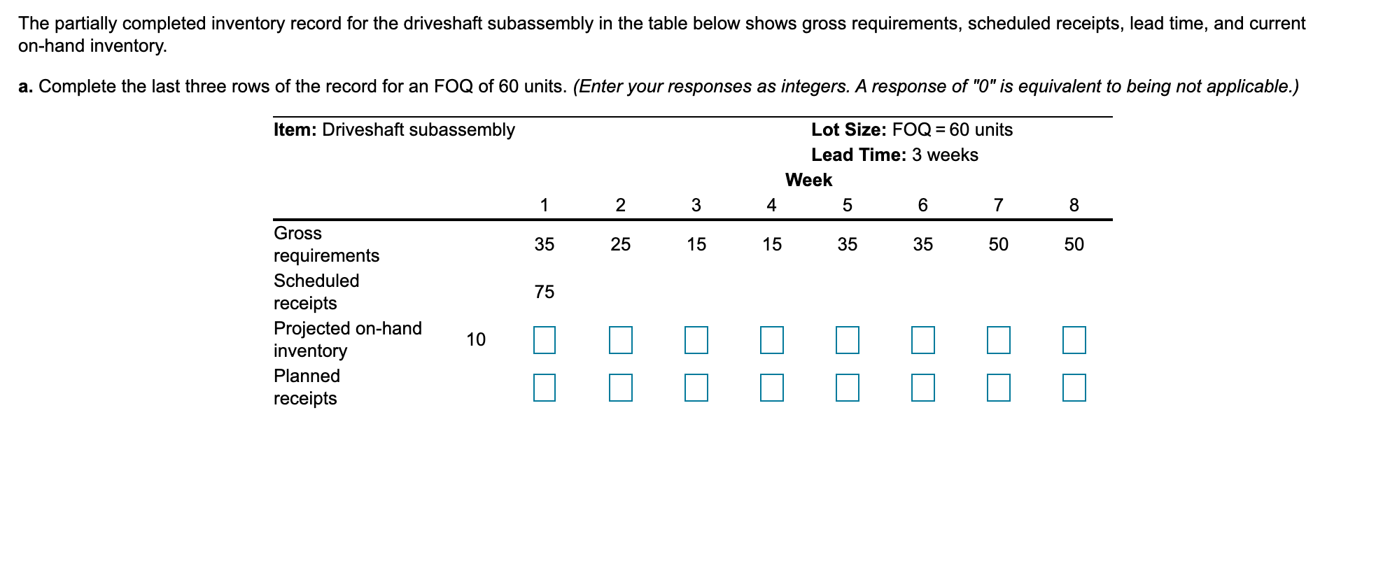 The partially completed inventory record for the