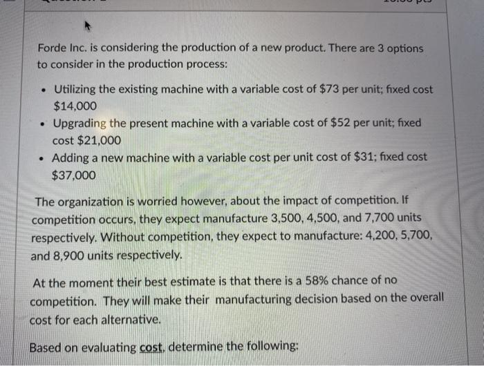Forde Inc. is considering the production of a new