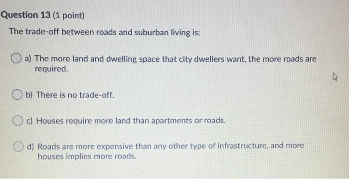 Question 13 (1 point) The trade-off between roads