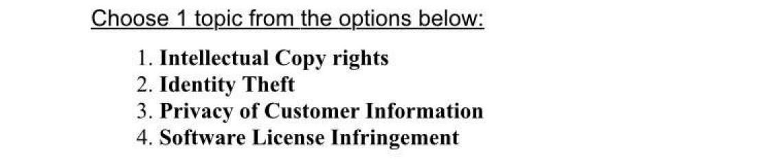 I choose Identity Theft Choose 1 topic from the