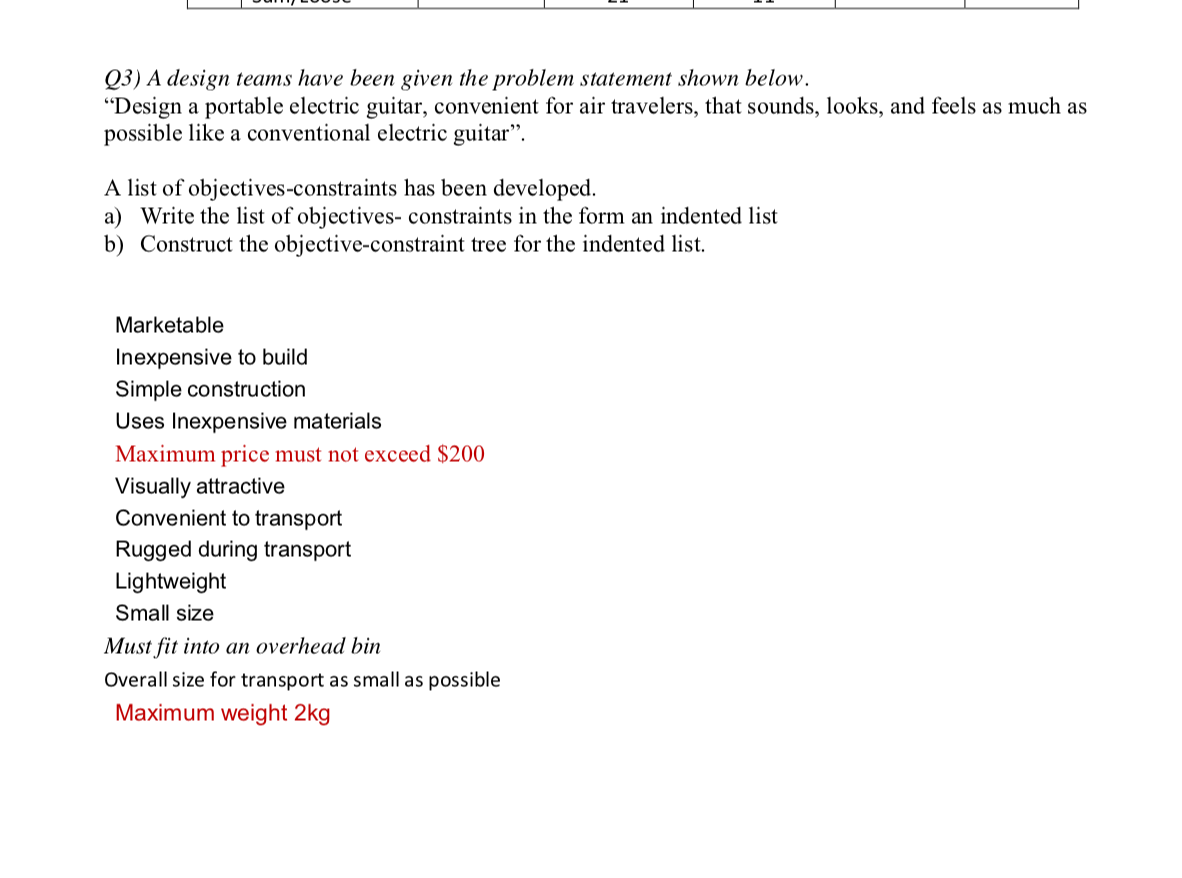 Q3) A design teams have been given the problem