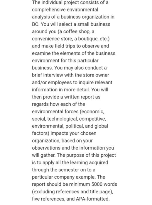 The individual project consists of a