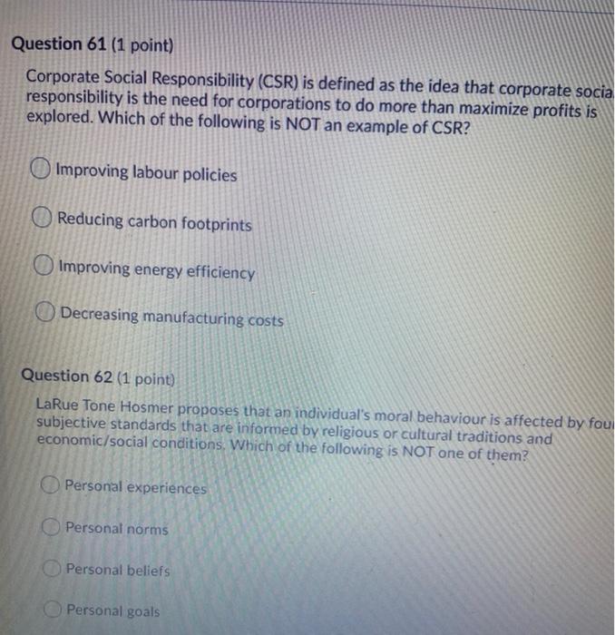 Question 61 (1 point) Corporate Social